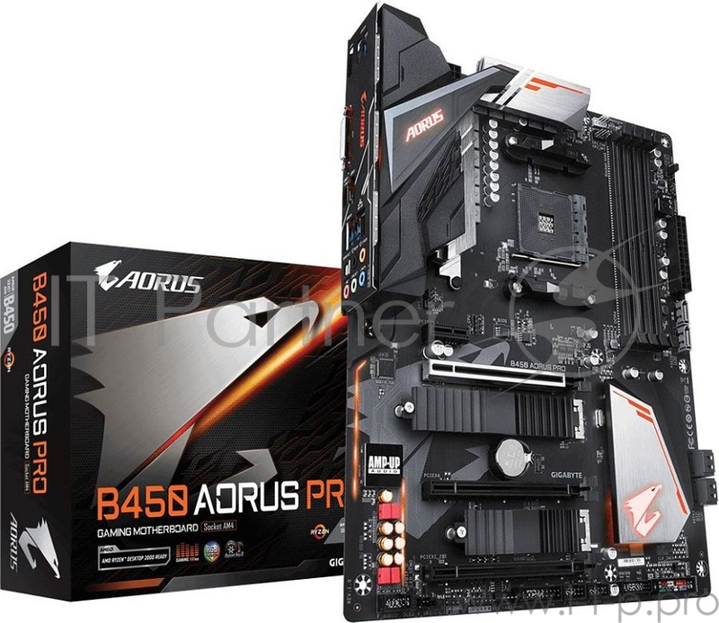 Мат. плата SocketAM4 GIGABYTE B450 AORUS PRO (AMD B450, 4xDDR4, M.2, SATA III, RAID, 3xPCI-E, DVI, HDMI, 1Гбит LAN, USB3.1, ATX)
