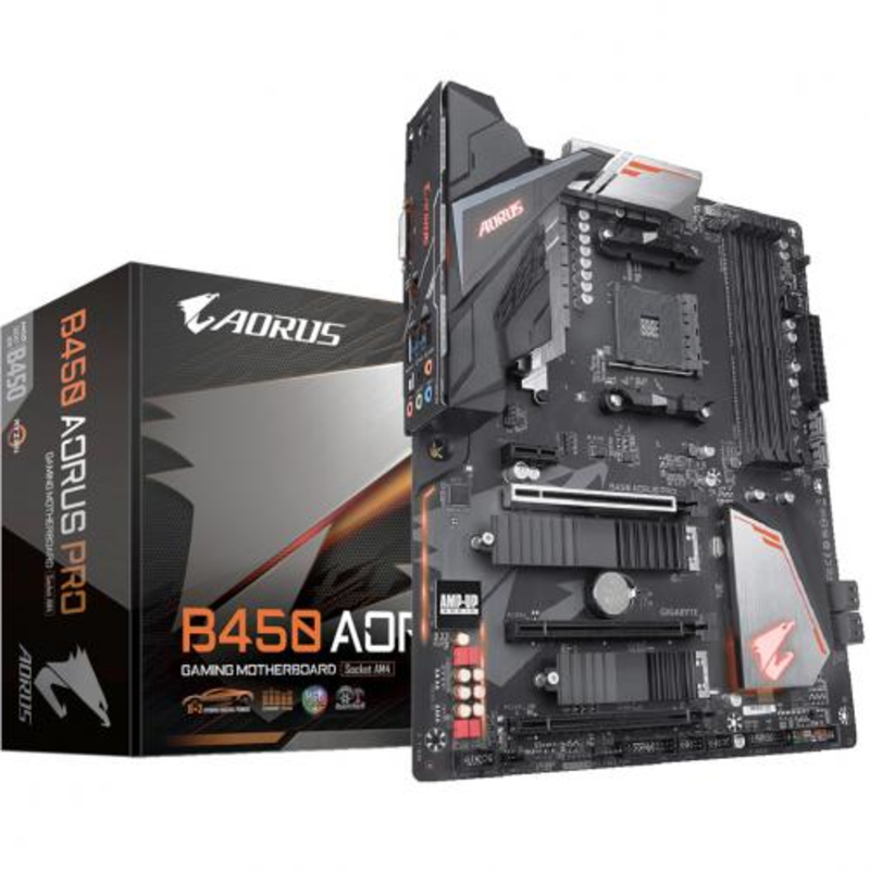 Мат. плата SocketAM4 GIGABYTE B450 AORUS PRO (AMD B450, 4xDDR4, M.2, SATA III, RAID, 3xPCI-E, DVI, HDMI, 1Гбит LAN, USB3.1, ATX)