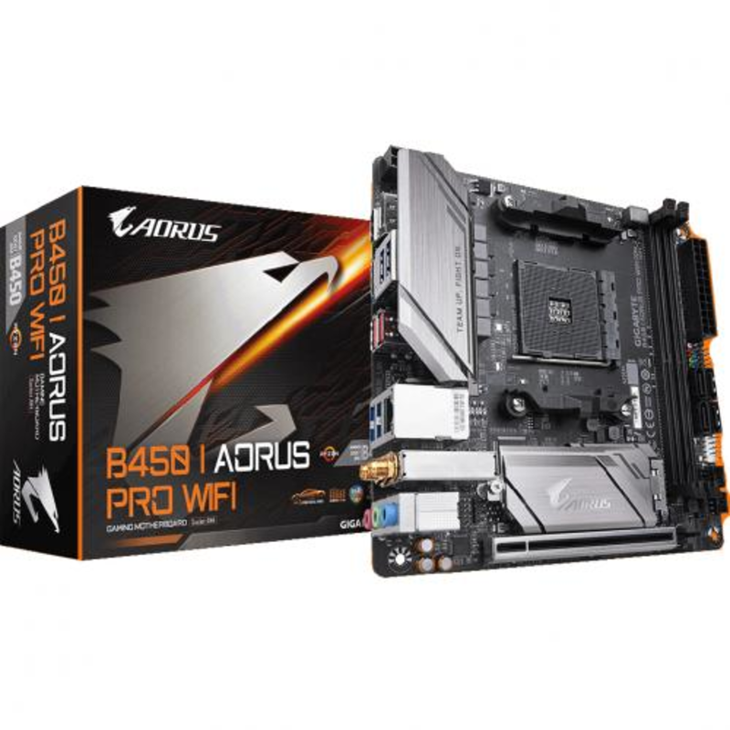 Мат. плата SocketAM4 GIGABYTE B450 I AORUS PRO WIFI (AMD B450, 2xDDR4, M.2, SATA III, RAID, PCI-E, HDMI, DP, 1Гбит LAN, WiFi, BT, USB3.1, mini-ITX)