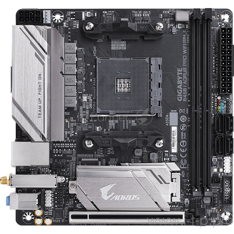 Мат. плата SocketAM4 GIGABYTE B450 I AORUS PRO WIFI (AMD B450, 2xDDR4, M.2, SATA III, RAID, PCI-E, HDMI, DP, 1Гбит LAN, WiFi, BT, USB3.1, mini-ITX)