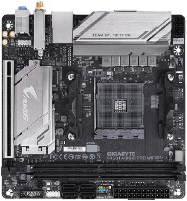 Мат. плата SocketAM4 GIGABYTE B450 I AORUS PRO WIFI (AMD B450, 2xDDR4, M.2, SATA III, RAID, PCI-E, HDMI, DP, 1Гбит LAN, WiFi, BT, USB3.1, mini-ITX)
