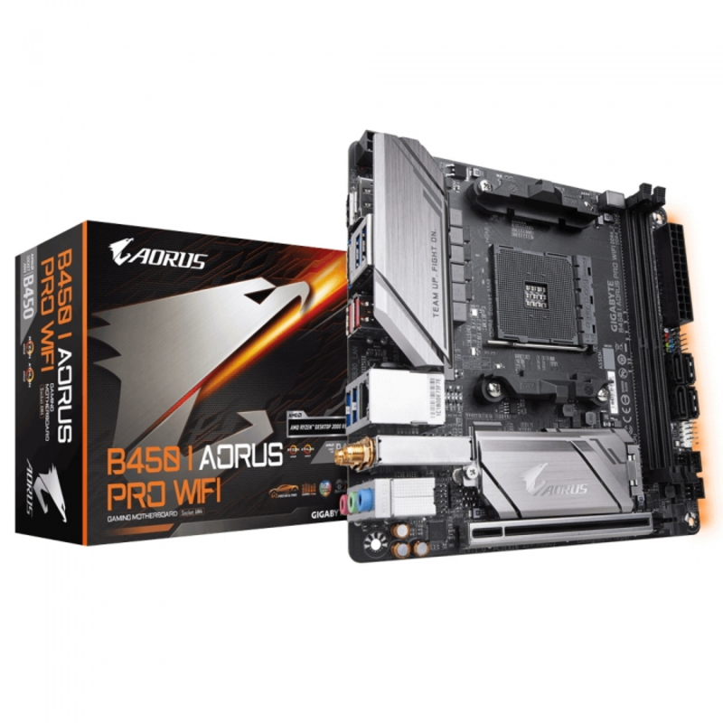 Мат. плата SocketAM4 GIGABYTE B450 I AORUS PRO WIFI (AMD B450, 2xDDR4, M.2, SATA III, RAID, PCI-E, HDMI, DP, 1Гбит LAN, WiFi, BT, USB3.1, mini-ITX)