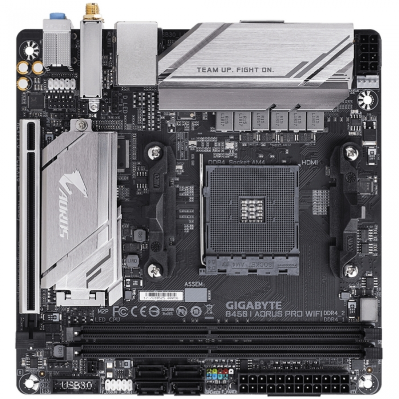 Мат. плата SocketAM4 GIGABYTE B450 I AORUS PRO WIFI (AMD B450, 2xDDR4, M.2, SATA III, RAID, PCI-E, HDMI, DP, 1Гбит LAN, WiFi, BT, USB3.1, mini-ITX)