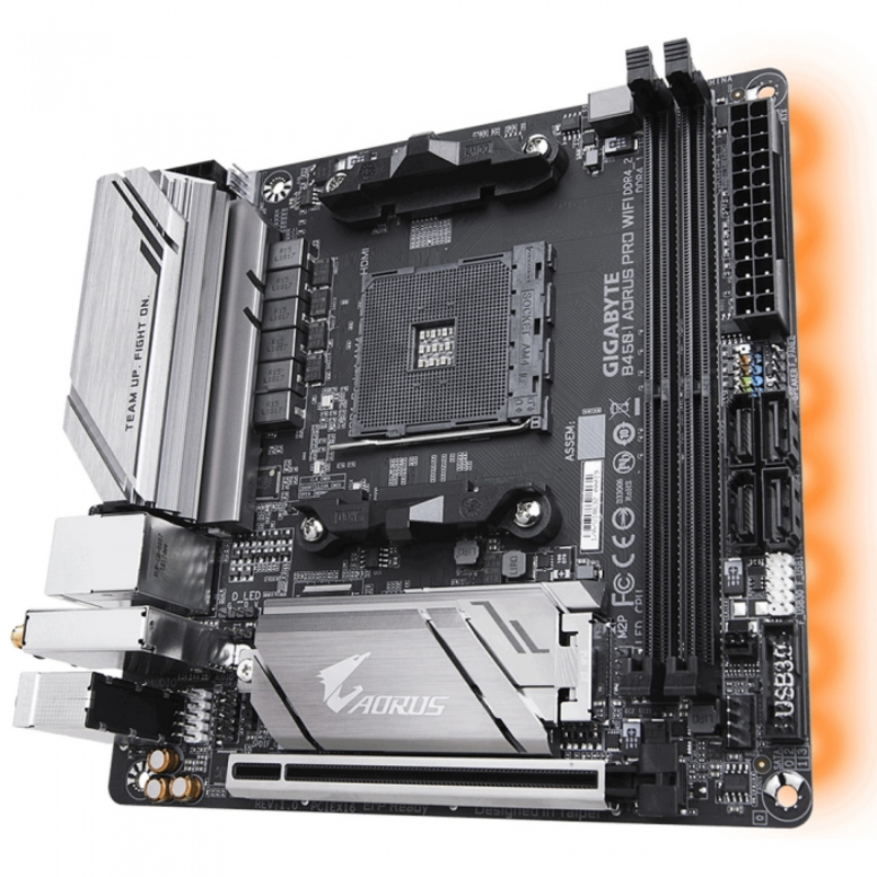 Мат. плата SocketAM4 GIGABYTE B450 I AORUS PRO WIFI (AMD B450, 2xDDR4, M.2, SATA III, RAID, PCI-E, HDMI, DP, 1Гбит LAN, WiFi, BT, USB3.1, mini-ITX)
