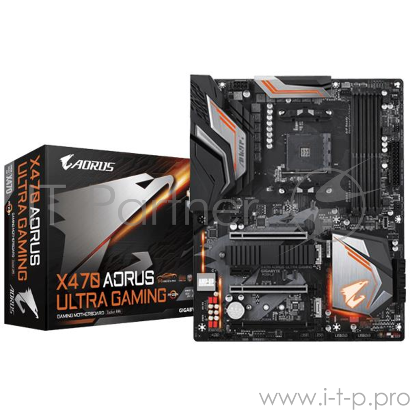 Мат. плата SocketAM4 GIGABYTE X470 AORUS ULTRA GAMING (AMD X470, 4xDDR4, M.2, SATA III, RAID, 3xPCI-E, HDMI, 1Гбит LAN, USB3.1, ATX)
