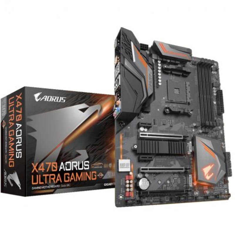 Мат. плата SocketAM4 GIGABYTE X470 AORUS ULTRA GAMING (AMD X470, 4xDDR4, M.2, SATA III, RAID, 3xPCI-E, HDMI, 1Гбит LAN, USB3.1, ATX)