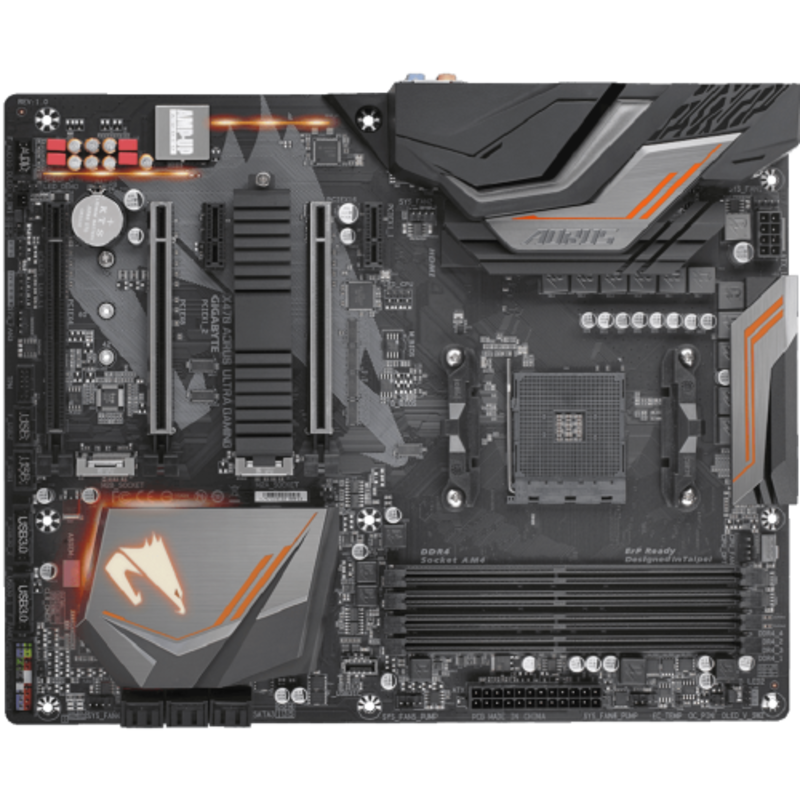 Мат. плата SocketAM4 GIGABYTE X470 AORUS ULTRA GAMING (AMD X470, 4xDDR4, M.2, SATA III, RAID, 3xPCI-E, HDMI, 1Гбит LAN, USB3.1, ATX)