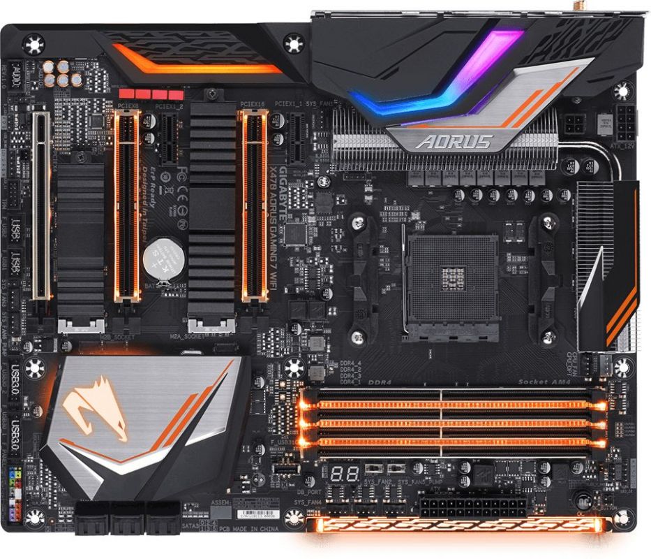 Мат. плата SocketAM4 GIGABYTE X470 AORUS GAMING 7 WIFI (AMD X470, 4xDDR4, M.2, SATA III, RAID, 3xPCI-E, 1Гбит LAN, WiFi, BT, USB3.1, ATX)