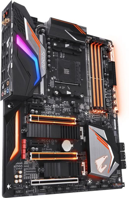 Мат. плата SocketAM4 GIGABYTE X470 AORUS GAMING 7 WIFI (AMD X470, 4xDDR4, M.2, SATA III, RAID, 3xPCI-E, 1Гбит LAN, WiFi, BT, USB3.1, ATX)