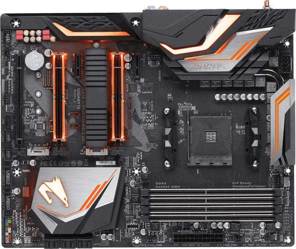 Мат. плата SocketAM4 GIGABYTE X470 AORUS GAMING 5 WIFI (AMD X470, 4xDDR4, M.2, SATA III, RAID, 3xPCI-E, 1Гбит LAN, WiFi, BT, USB3.1, ATX)