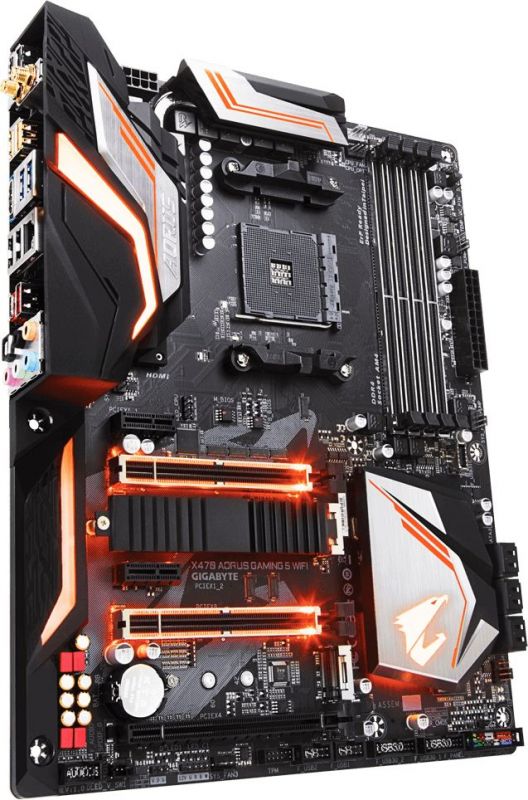 Мат. плата SocketAM4 GIGABYTE X470 AORUS GAMING 5 WIFI (AMD X470, 4xDDR4, M.2, SATA III, RAID, 3xPCI-E, 1Гбит LAN, WiFi, BT, USB3.1, ATX)