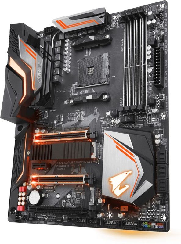 Мат. плата SocketAM4 GIGABYTE X470 AORUS GAMING 5 WIFI (AMD X470, 4xDDR4, M.2, SATA III, RAID, 3xPCI-E, 1Гбит LAN, WiFi, BT, USB3.1, ATX)