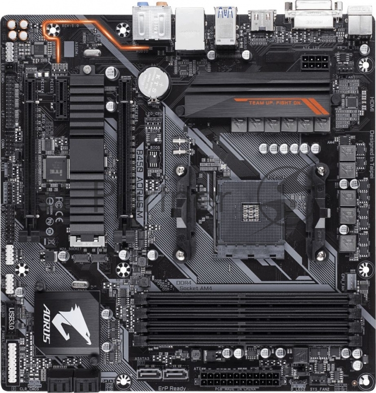 Мат. плата SocketAM4 GIGABYTE B450 AORUS M (AMD B450, 4xDDR4, M.2, SATA III, RAID, 2xPCI-E, DVI, HDMI, 1Гбит LAN, USB3.1, mATX)