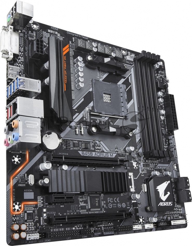 Мат. плата SocketAM4 GIGABYTE B450 AORUS M (AMD B450, 4xDDR4, M.2, SATA III, RAID, 2xPCI-E, DVI, HDMI, 1Гбит LAN, USB3.1, mATX)