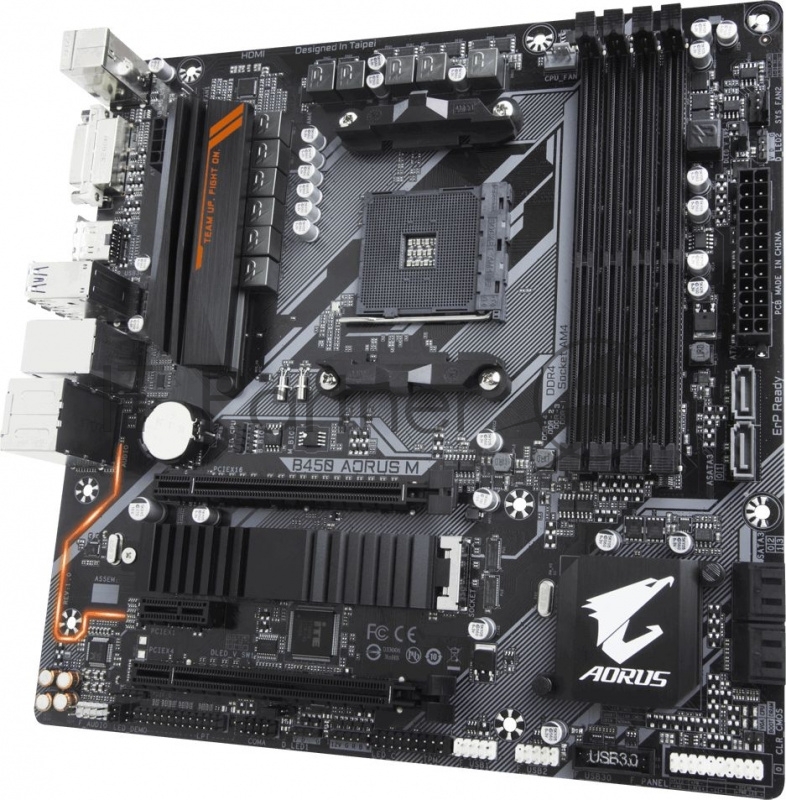 Мат. плата SocketAM4 GIGABYTE B450 AORUS M (AMD B450, 4xDDR4, M.2, SATA III, RAID, 2xPCI-E, DVI, HDMI, 1Гбит LAN, USB3.1, mATX)