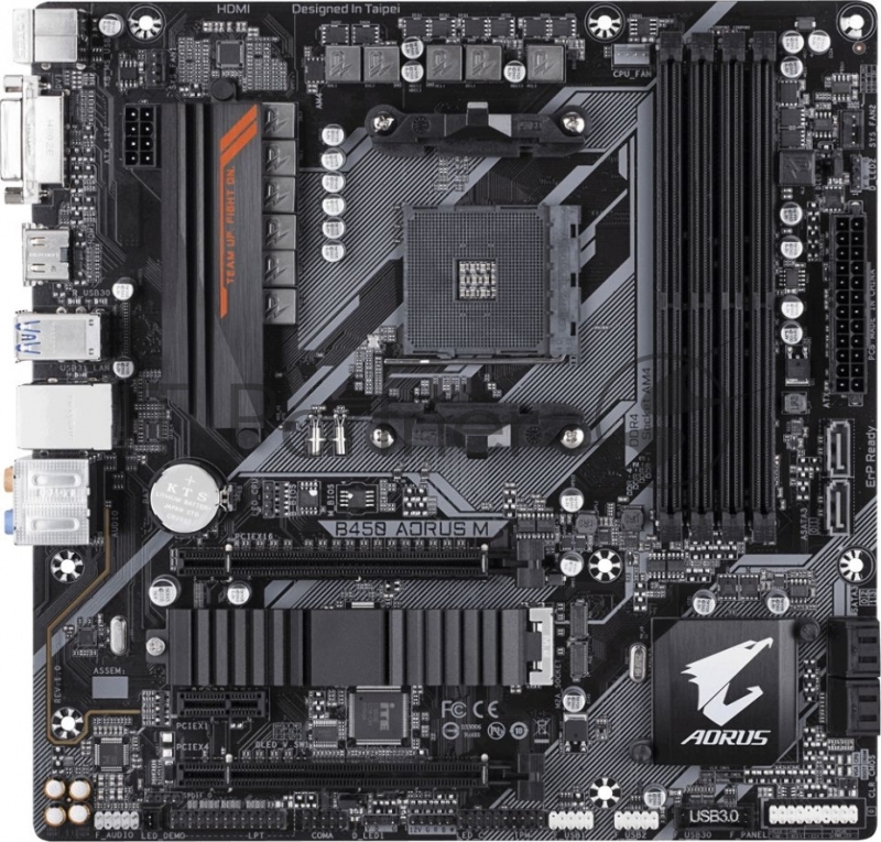 Мат. плата SocketAM4 GIGABYTE B450 AORUS M (AMD B450, 4xDDR4, M.2, SATA III, RAID, 2xPCI-E, DVI, HDMI, 1Гбит LAN, USB3.1, mATX)
