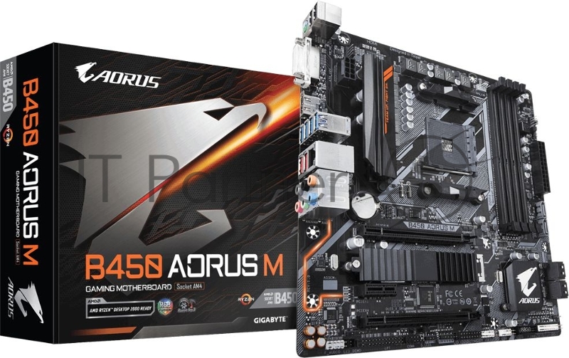 Мат. плата SocketAM4 GIGABYTE B450 AORUS M (AMD B450, 4xDDR4, M.2, SATA III, RAID, 2xPCI-E, DVI, HDMI, 1Гбит LAN, USB3.1, mATX)