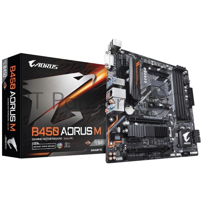 Мат. плата SocketAM4 GIGABYTE B450 AORUS M (AMD B450, 4xDDR4, M.2, SATA III, RAID, 2xPCI-E, DVI, HDMI, 1Гбит LAN, USB3.1, mATX)