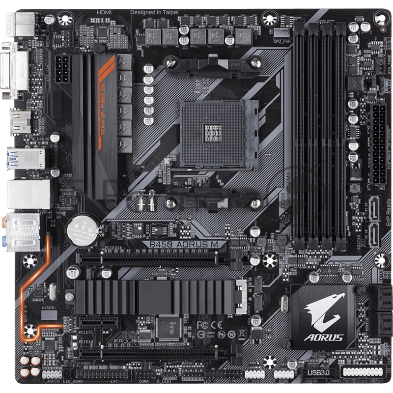 Мат. плата SocketAM4 GIGABYTE B450 AORUS M (AMD B450, 4xDDR4, M.2, SATA III, RAID, 2xPCI-E, DVI, HDMI, 1Гбит LAN, USB3.1, mATX)