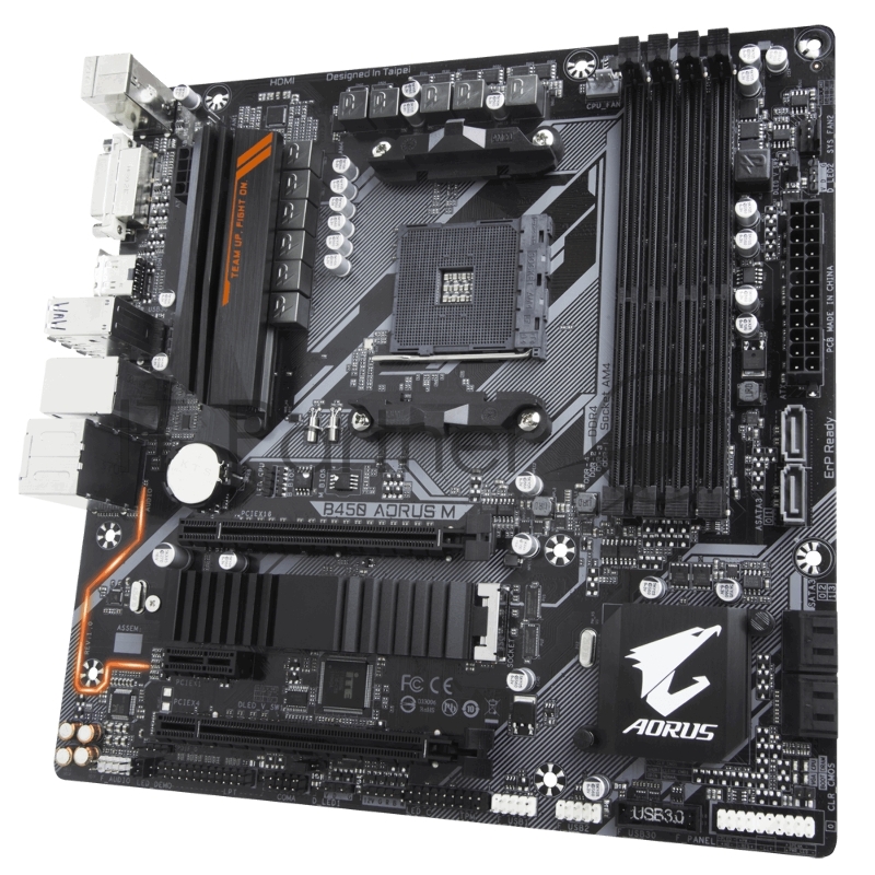 Мат. плата SocketAM4 GIGABYTE B450 AORUS M (AMD B450, 4xDDR4, M.2, SATA III, RAID, 2xPCI-E, DVI, HDMI, 1Гбит LAN, USB3.1, mATX)