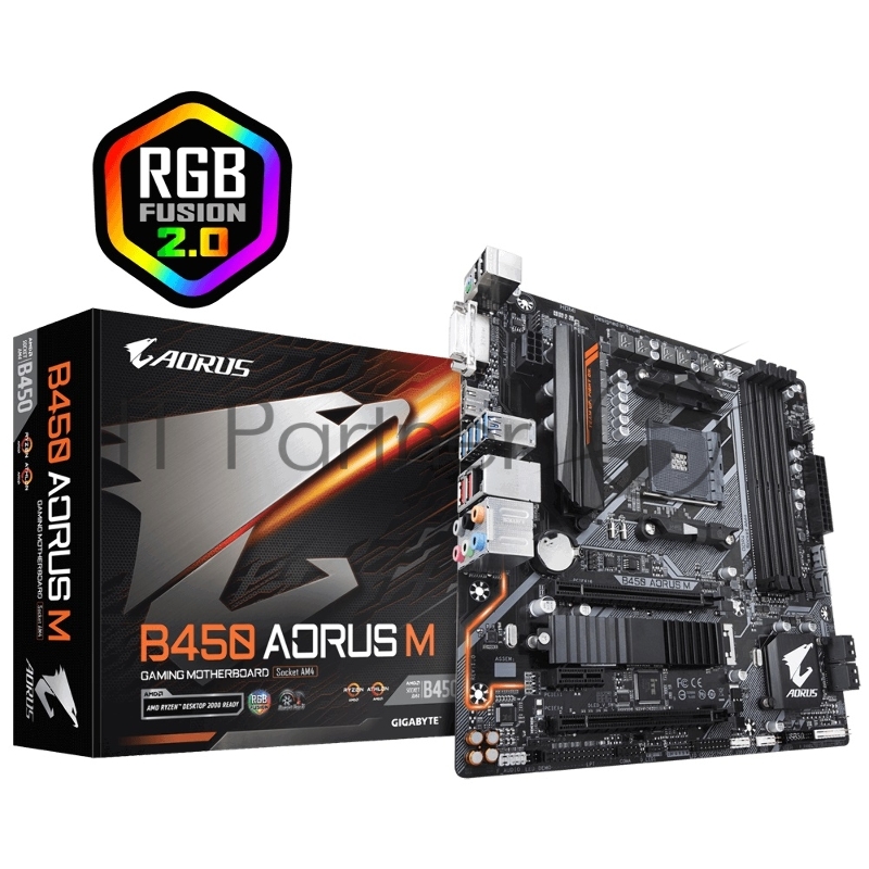 Мат. плата SocketAM4 GIGABYTE B450 AORUS M (AMD B450, 4xDDR4, M.2, SATA III, RAID, 2xPCI-E, DVI, HDMI, 1Гбит LAN, USB3.1, mATX)