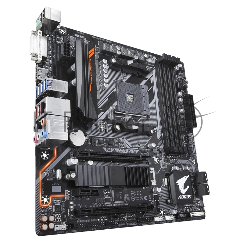 Мат. плата SocketAM4 GIGABYTE B450 AORUS M (AMD B450, 4xDDR4, M.2, SATA III, RAID, 2xPCI-E, DVI, HDMI, 1Гбит LAN, USB3.1, mATX)