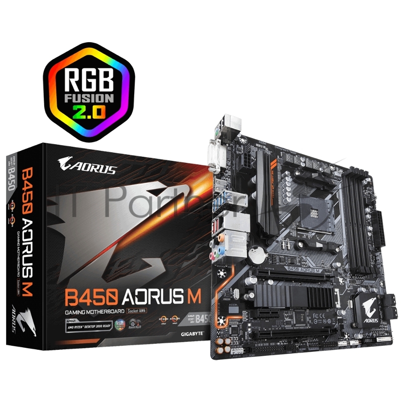 Мат. плата SocketAM4 GIGABYTE B450 AORUS M (AMD B450, 4xDDR4, M.2, SATA III, RAID, 2xPCI-E, DVI, HDMI, 1Гбит LAN, USB3.1, mATX)