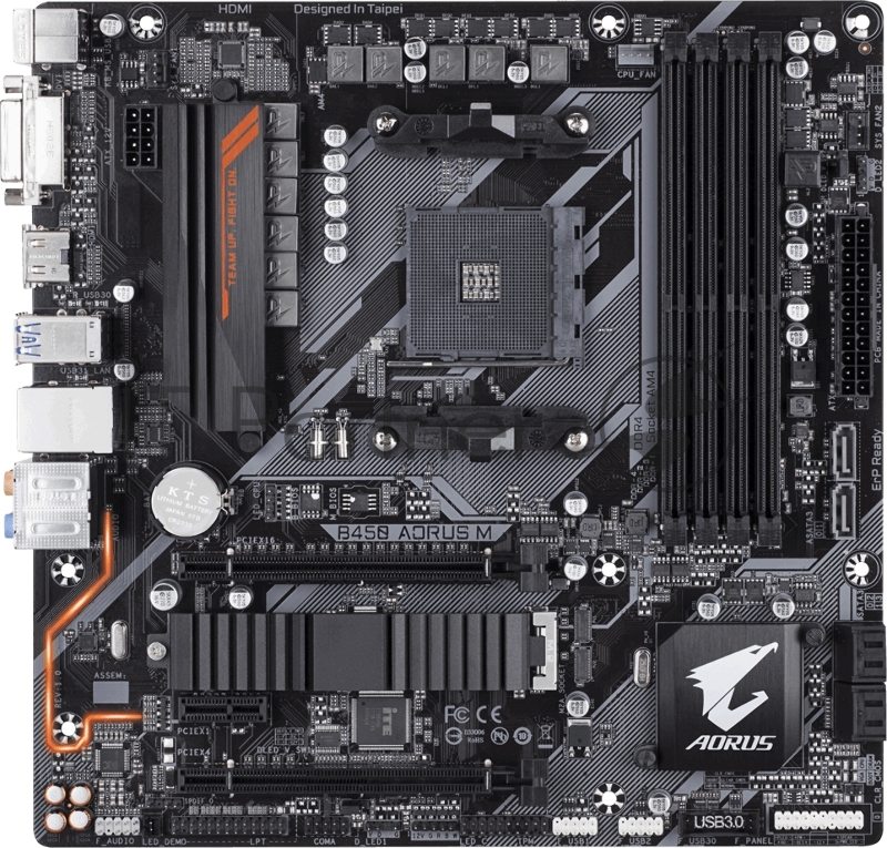 Мат. плата SocketAM4 GIGABYTE B450 AORUS M (AMD B450, 4xDDR4, M.2, SATA III, RAID, 2xPCI-E, DVI, HDMI, 1Гбит LAN, USB3.1, mATX)