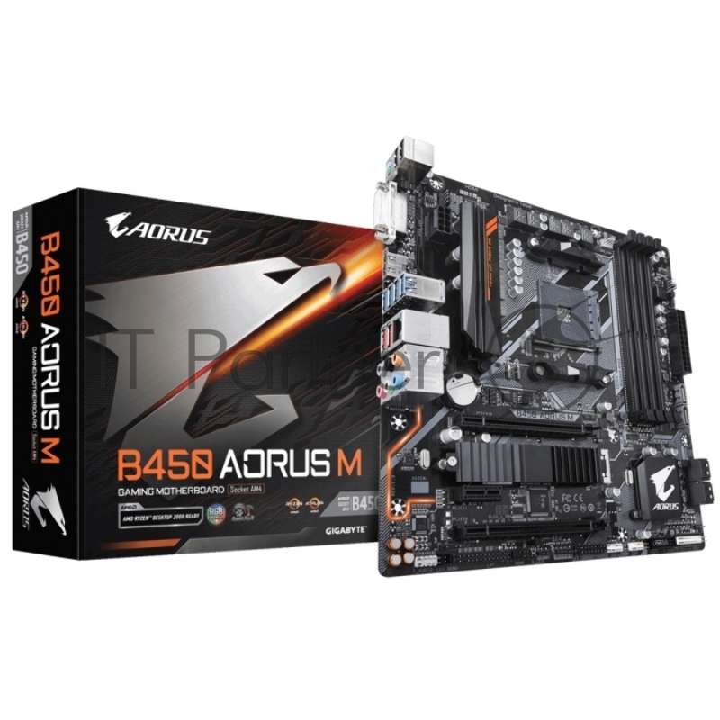 Мат. плата SocketAM4 GIGABYTE B450 AORUS M (AMD B450, 4xDDR4, M.2, SATA III, RAID, 2xPCI-E, DVI, HDMI, 1Гбит LAN, USB3.1, mATX)