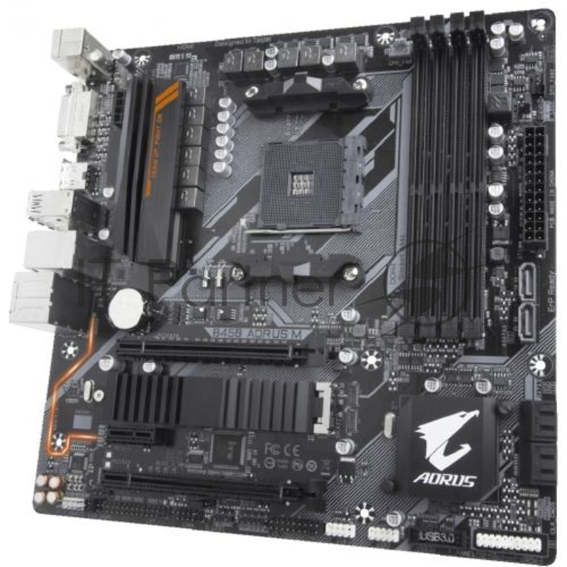 Мат. плата SocketAM4 GIGABYTE B450 AORUS M (AMD B450, 4xDDR4, M.2, SATA III, RAID, 2xPCI-E, DVI, HDMI, 1Гбит LAN, USB3.1, mATX)