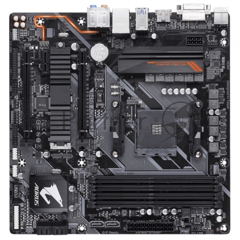 Мат. плата SocketAM4 GIGABYTE B450 AORUS M (AMD B450, 4xDDR4, M.2, SATA III, RAID, 2xPCI-E, DVI, HDMI, 1Гбит LAN, USB3.1, mATX)