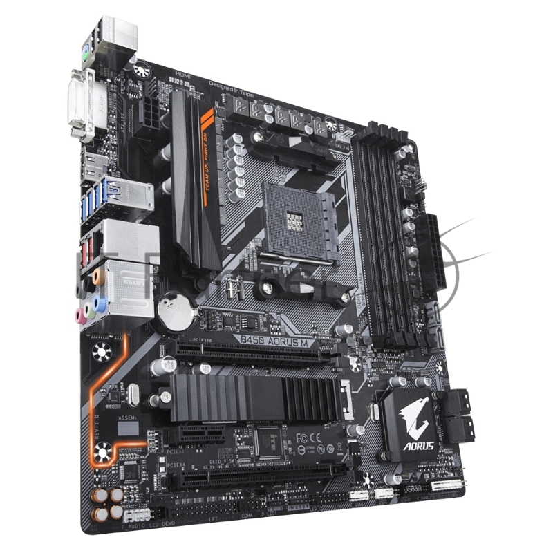 Мат. плата SocketAM4 GIGABYTE B450 AORUS M (AMD B450, 4xDDR4, M.2, SATA III, RAID, 2xPCI-E, DVI, HDMI, 1Гбит LAN, USB3.1, mATX)
