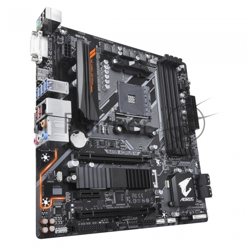 Мат. плата SocketAM4 GIGABYTE B450 AORUS M (AMD B450, 4xDDR4, M.2, SATA III, RAID, 2xPCI-E, DVI, HDMI, 1Гбит LAN, USB3.1, mATX)