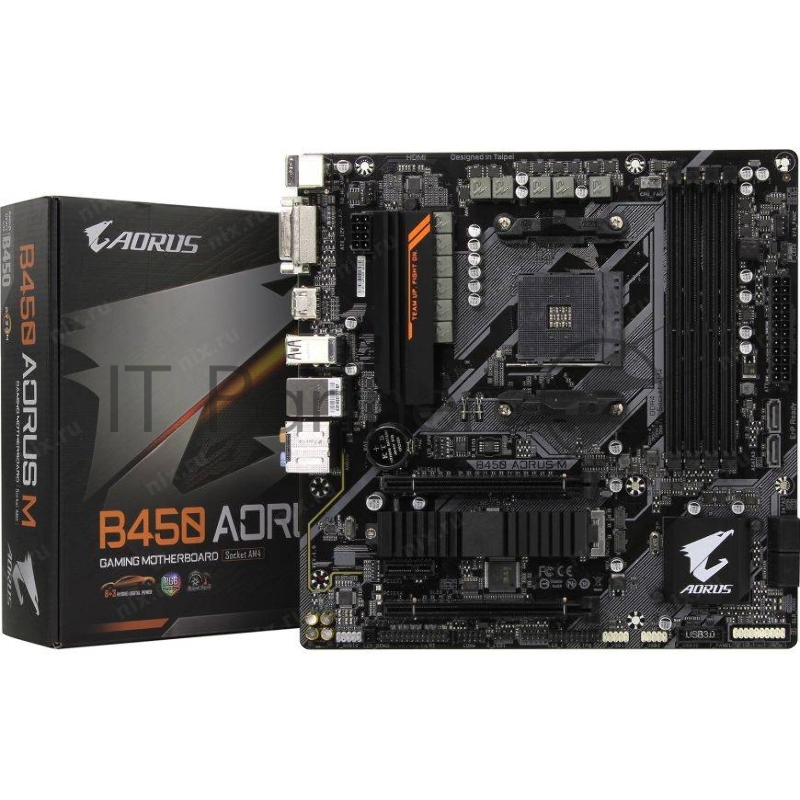 Мат. плата SocketAM4 GIGABYTE B450 AORUS M (AMD B450, 4xDDR4, M.2, SATA III, RAID, 2xPCI-E, DVI, HDMI, 1Гбит LAN, USB3.1, mATX)