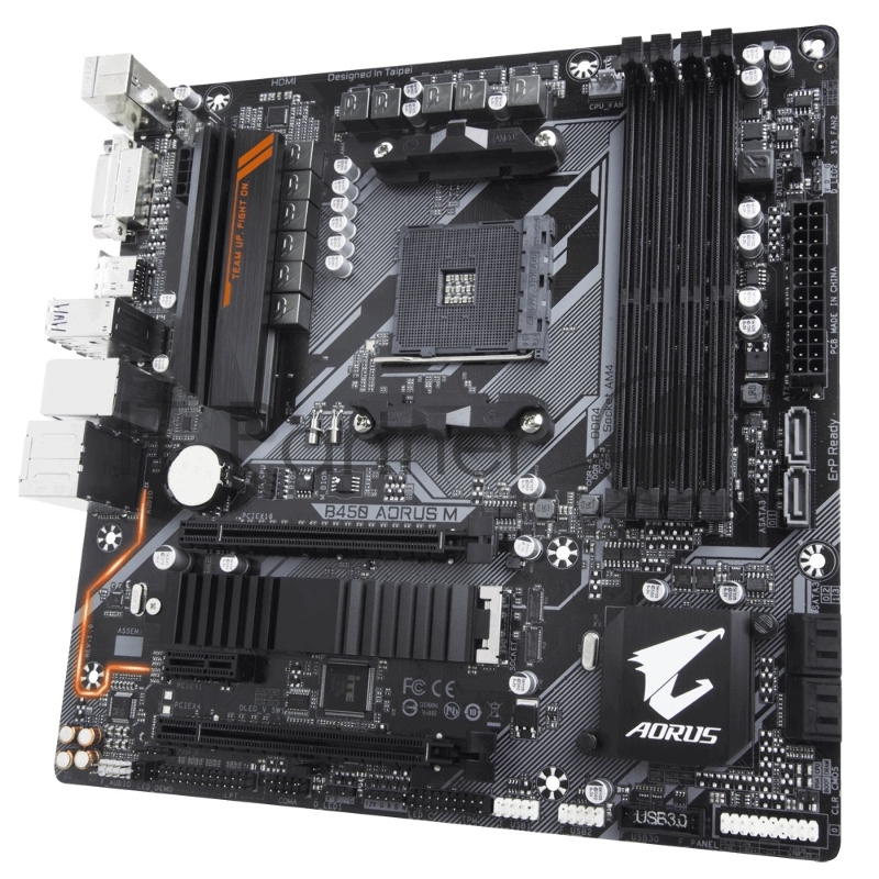 Мат. плата SocketAM4 GIGABYTE B450 AORUS M (AMD B450, 4xDDR4, M.2, SATA III, RAID, 2xPCI-E, DVI, HDMI, 1Гбит LAN, USB3.1, mATX)