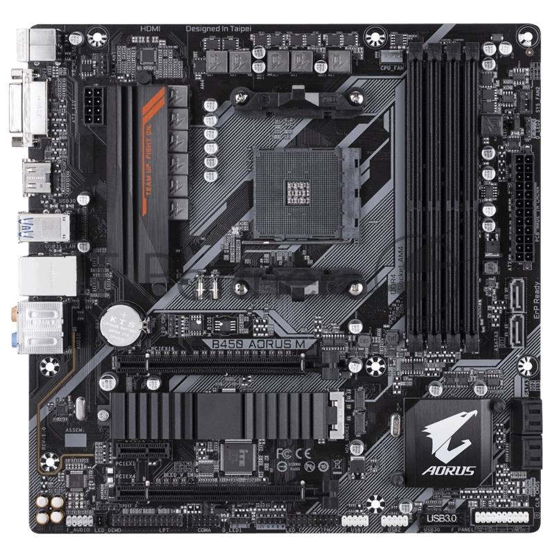 Мат. плата SocketAM4 GIGABYTE B450 AORUS M (AMD B450, 4xDDR4, M.2, SATA III, RAID, 2xPCI-E, DVI, HDMI, 1Гбит LAN, USB3.1, mATX)