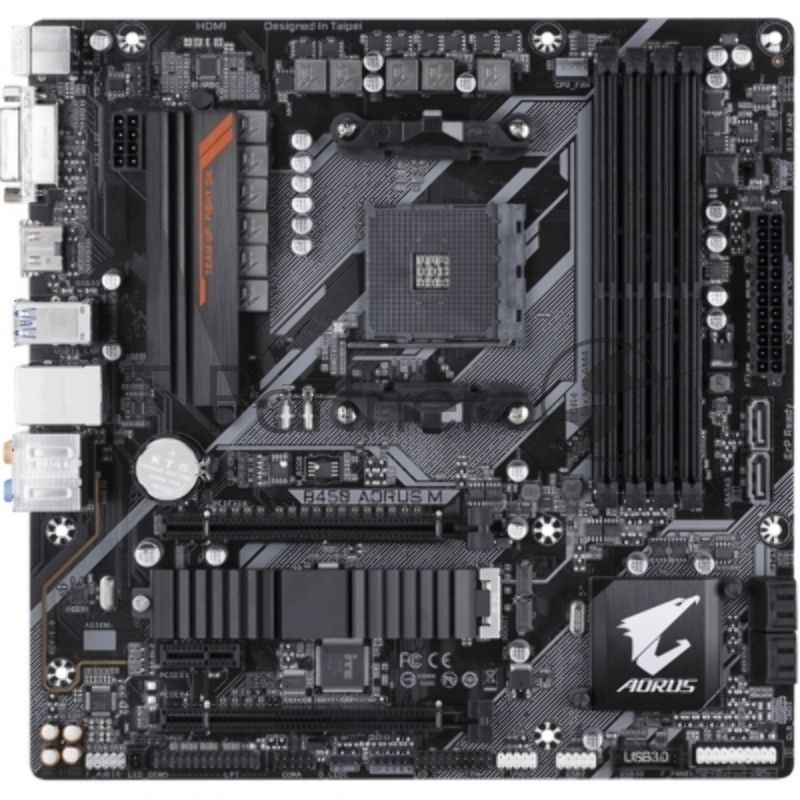 Мат. плата SocketAM4 GIGABYTE B450 AORUS M (AMD B450, 4xDDR4, M.2, SATA III, RAID, 2xPCI-E, DVI, HDMI, 1Гбит LAN, USB3.1, mATX)