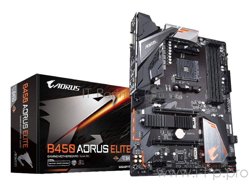 Мат. плата SocketAM4 GIGABYTE B450 AORUS ELITE (AMD B450, 4xDDR4, M.2, SATA III, RAID, 2xPCI-E, DVI, HDMI, 1Гбит LAN, USB3.1, ATX)