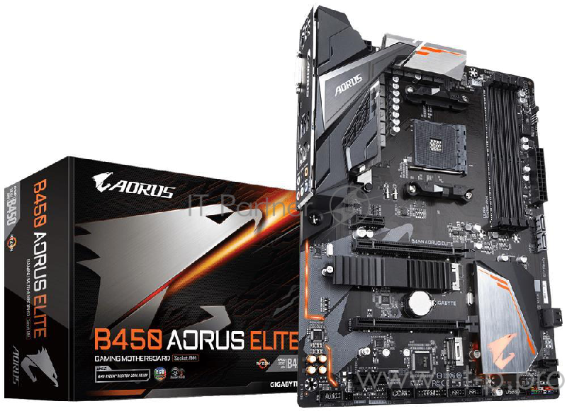 Мат. плата SocketAM4 GIGABYTE B450 AORUS ELITE (AMD B450, 4xDDR4, M.2, SATA III, RAID, 2xPCI-E, DVI, HDMI, 1Гбит LAN, USB3.1, ATX)