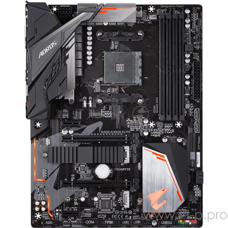 Мат. плата SocketAM4 GIGABYTE B450 AORUS ELITE (AMD B450, 4xDDR4, M.2, SATA III, RAID, 2xPCI-E, DVI, HDMI, 1Гбит LAN, USB3.1, ATX)