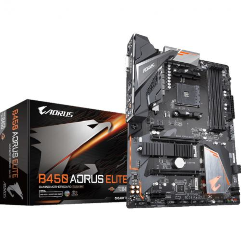 Мат. плата SocketAM4 GIGABYTE B450 AORUS ELITE (AMD B450, 4xDDR4, M.2, SATA III, RAID, 2xPCI-E, DVI, HDMI, 1Гбит LAN, USB3.1, ATX)
