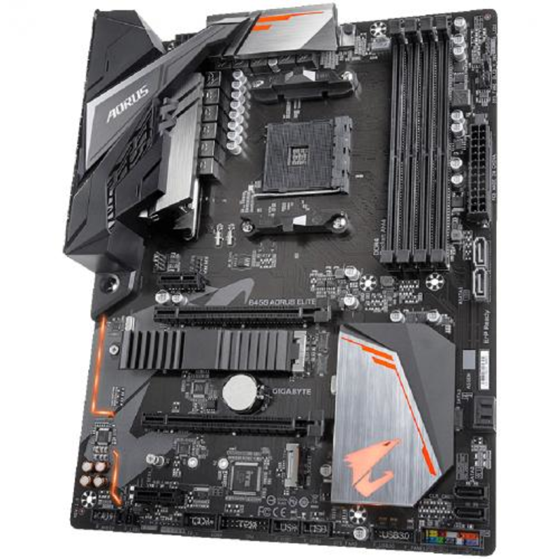 Мат. плата SocketAM4 GIGABYTE B450 AORUS ELITE (AMD B450, 4xDDR4, M.2, SATA III, RAID, 2xPCI-E, DVI, HDMI, 1Гбит LAN, USB3.1, ATX)