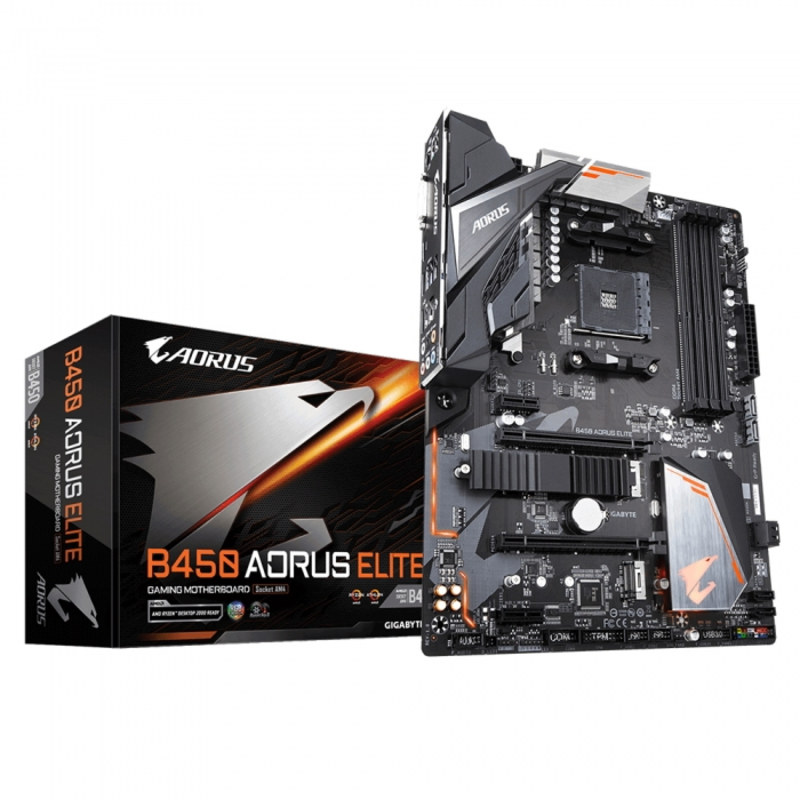 Мат. плата SocketAM4 GIGABYTE B450 AORUS ELITE (AMD B450, 4xDDR4, M.2, SATA III, RAID, 2xPCI-E, DVI, HDMI, 1Гбит LAN, USB3.1, ATX)
