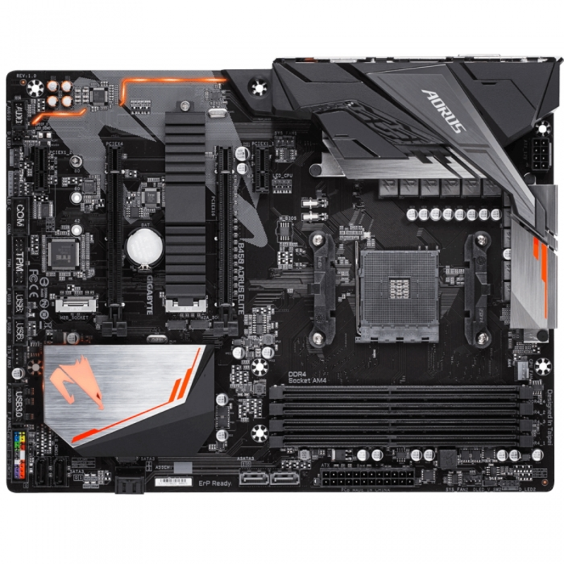 Мат. плата SocketAM4 GIGABYTE B450 AORUS ELITE (AMD B450, 4xDDR4, M.2, SATA III, RAID, 2xPCI-E, DVI, HDMI, 1Гбит LAN, USB3.1, ATX)