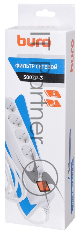 Сетевой фильтр Buro 500ZP-3 3м (5 розеток) белый (коробка)