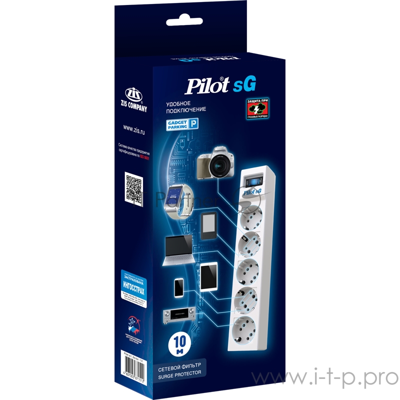 Сетевой фильтр Surge protector Pilot SG5 5 outlets (GP), 10A / 2.2kVt, automatic circuit-breaker, 10 m