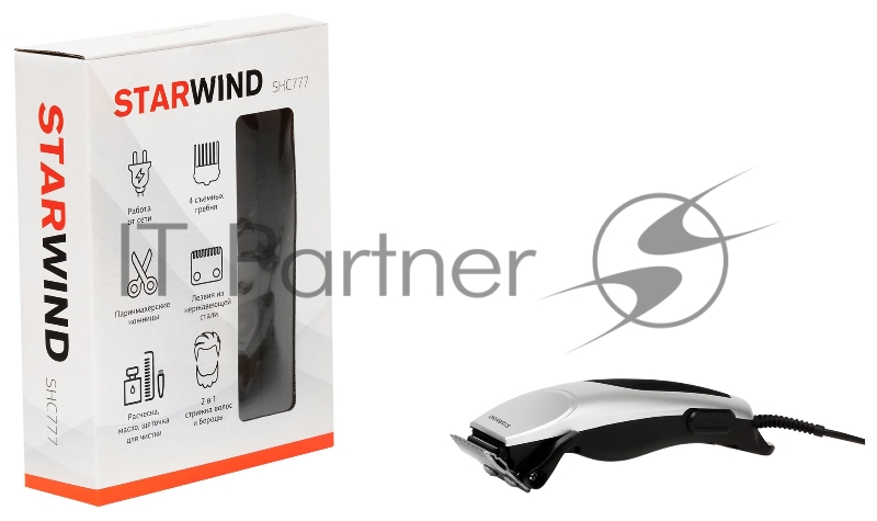 Машинка для стрижки Starwind SHC 777 серебристый/черный 8Вт (насадок в компл:4шт)