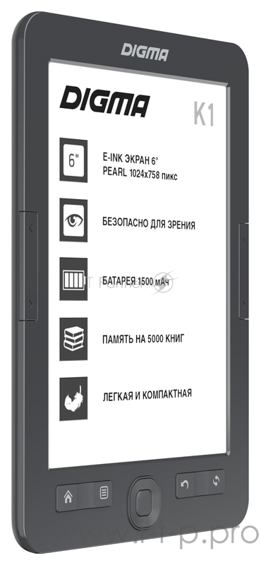 Электронная книга Digma K1 6 E-ink HD Pearl 758x1024 600MHz 128Mb/4Gb/SD/microSDHC темно-серый
