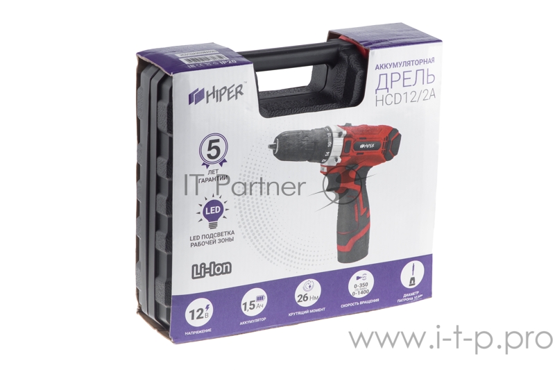 Дрель DIY HIPER акк HCD12/2A 12В, 26Нм, 1,5Ач, 2 скорости, 2 акк, Li-ion, кейс