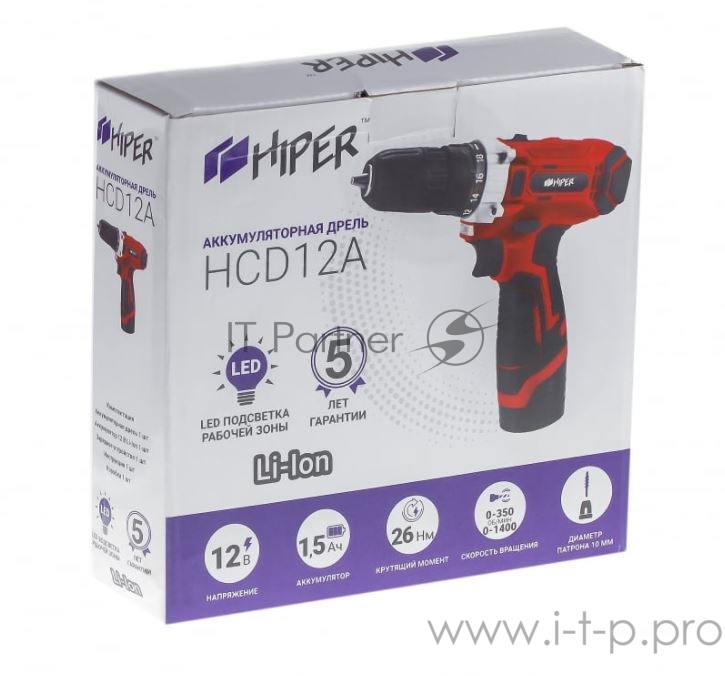Дрель DIY HIPER акк HCD12A 12В, 26Нм, 1,5Ач, 2 скорости, 1 акк, Li-ion, коробка